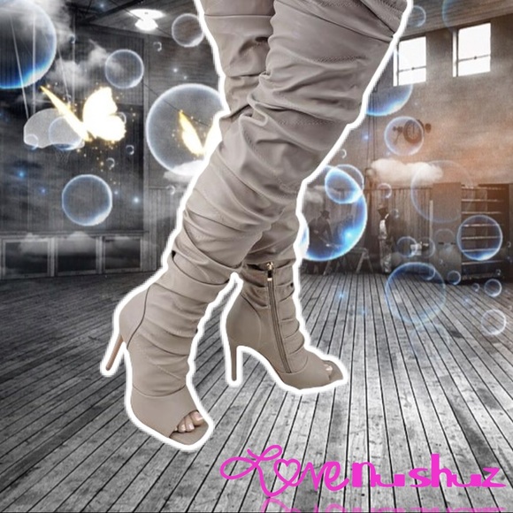 Pazzle Victoria Over The Knee Taupe Faux Leather Ruched Stiletto Thigh High Boot - Picture 6 of 9